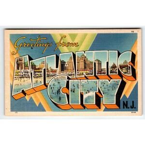 Vintage Greetings from Atlantic City NJ Large Letter Linen Postcard Boardwalk